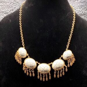 Gold Tone White Oval Stone Statement Necklace Dangle Earrings Set 18" Adjustable
